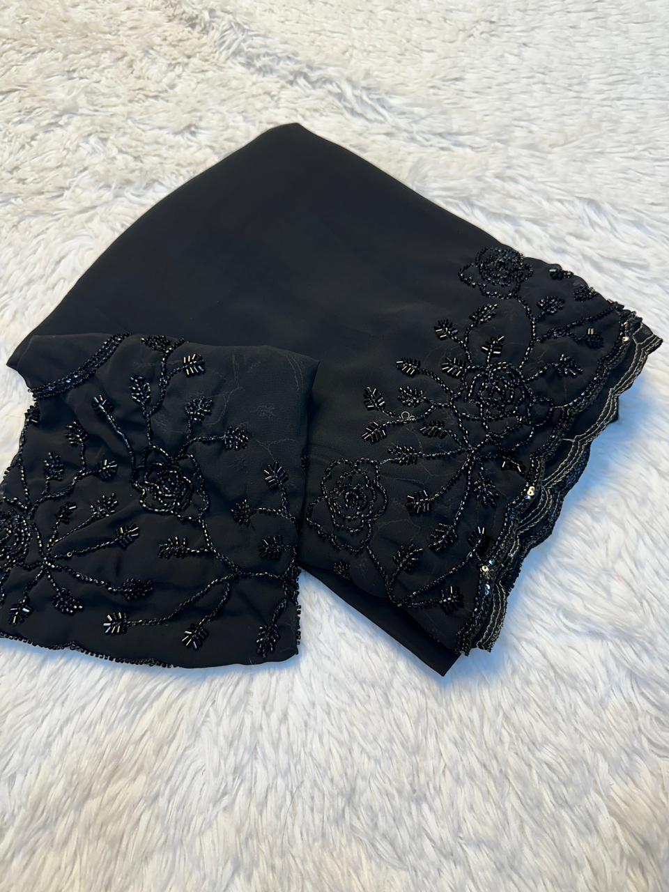 Black Handwork Flower Saree