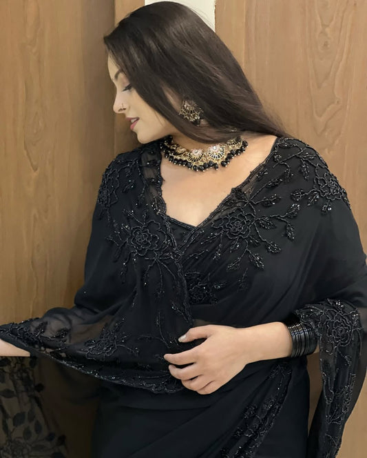 Black Handwork Flower Saree