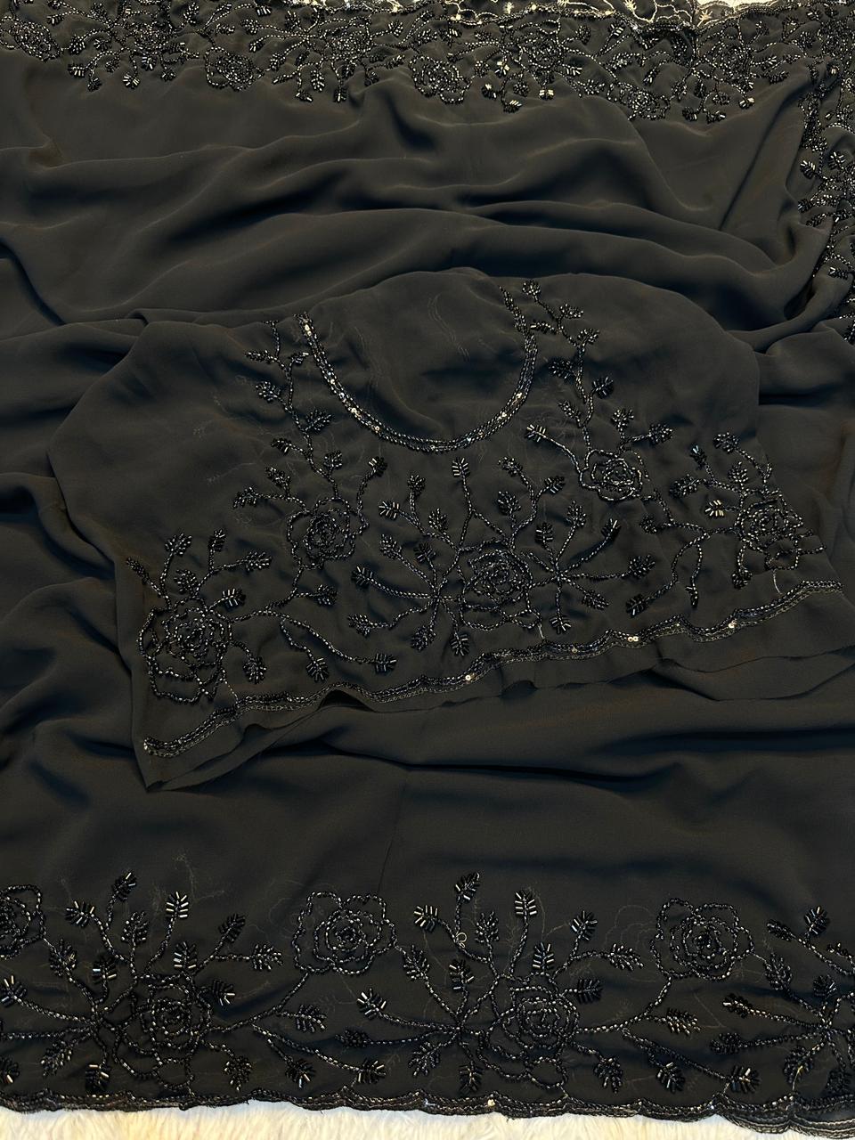 Black Handwork Flower Saree